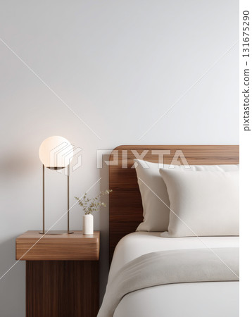 Modern bedroom interior with cozy home decor. tranquil scene features lamp on minimalist nightstand, comfortable bed, and wooden furniture against clean background 131675290