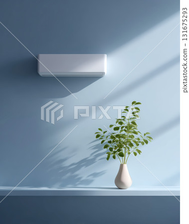 Minimalist home interior with an air conditioner on blue wall. Sunlight creates peaceful shadow over green plant in vase, conveying calm and tranquil feeling 131675293