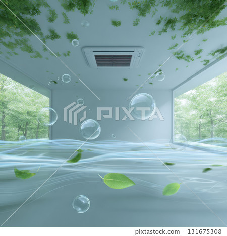 Minimalist ceiling air conditioner unit creating fresh, clean air. surreal room concept with green nature, water, and bubbles for pure and serene environment 131675308