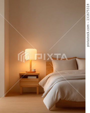 Cozy minimalist bedroom interior with warm glowing lamp on wooden nightstand. peaceful and serene home setting features comfortable bed with neutral bedding and calm ambiance Cozy minimalist bedroom interior with warm glowing lamp on wooden nightstand. peaceful and serene home setting features comfortable bed with neutral bedding and calm ambiance 131675314