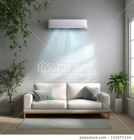 Serene living room with modern white sofa and an air conditioner on wall. cool, fresh, and comfortable home interior providing peaceful and relaxing atmosphere 131675334