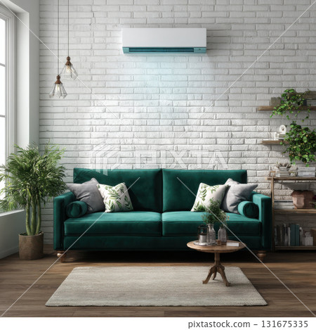 Inviting modern living room interior with deep green velvet sofa and an air conditioner cooling space. white brick wall creates stylish background for comfortable room 131675335