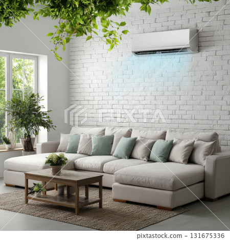 Modern living room interior with comfortable sofa and green plant. air conditioner on white brick wall provides cool and fresh atmosphere for home background 131675336