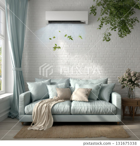 Cozy living room interior with light blue sofa and pillows against white brick wall. Morning light from window creates serene, comfortable, and fresh atmosphere 131675338