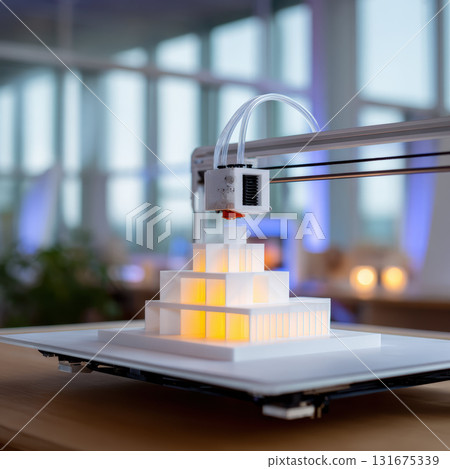Innovative additive manufacturing printer creating complex white architectural model. futuristic technology in action shows future of rapid prototyping and design fabrication 131675339
