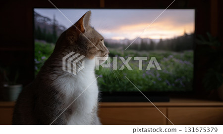 Curious tabby cat intently watching nature documentary on television at home. focused domestic pet sits looking at beautiful landscape and mountain scene on screen Curious tabby cat intently watching nature documentary on television at home. focused domestic pet sits looking at beautiful landscape and mountain scene on screen 131675379