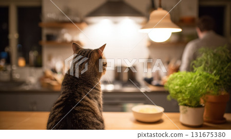 Curious tabby cat sitting on kitchen counter at home, watching its owner prepare food in evening. cozy and warm domestic scene with beloved pet waiting patiently 131675380