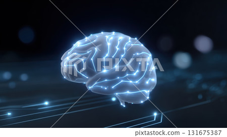 Glowing digital brain with futuristic circuit network represents intelligence and data processing. technology concept showing power of artificial intelligence and innovation 131675387