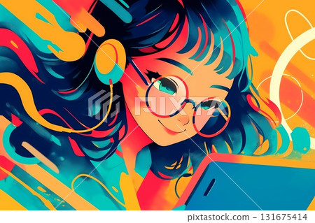 Woman with glasses and tablet drawn in pop art style 131675414