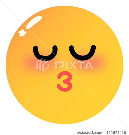 Kiss emoji shy face blushing cheeks closed eyes yellow background round shape cute expression digital illustration emotive happiness 131675416