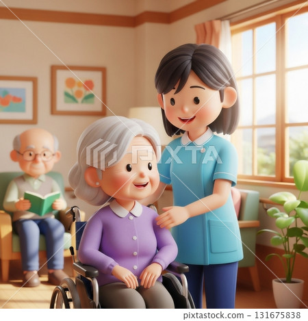日本女性護理人員在養老院照顧老人 131675838