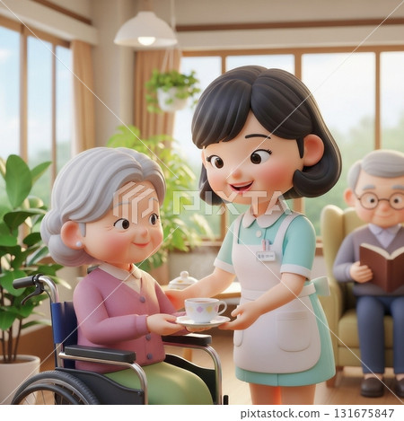 Japanese female caregivers caring for elderly people in nursing homes 131675847