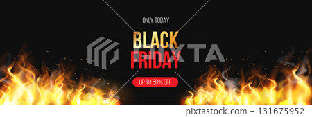 Black Friday fiery marketing banner vector design, hot sale special offer, realistic fire frame with tongues of flames 131675952