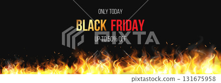 Black Friday fiery banner vector marketing design, hot sale special offer, fire frame with tongues of flames 131675958