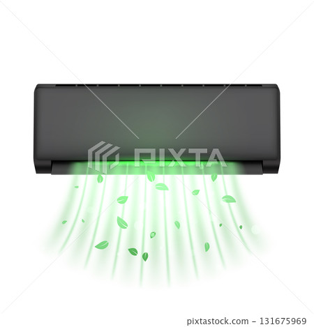 Clean fresh air flow with glow green stream with leaves from black air conditioner, vector climate control, split system Clean fresh air flow with glow green stream with leaves from black air conditioner, vector climate control, split system 131675969