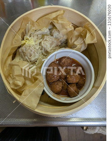 Steamed Shumai and Meatballs in a Steamer Steamed Shumai and Meatballs in a Steamer 131676030