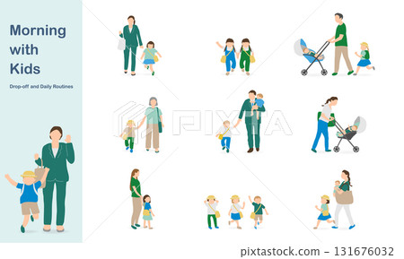 托兒所、幼兒園接送插畫集(早晨例行活動、親子抵達場景) 托兒所、幼兒園接送插畫集(早晨例行活動、親子抵達場景) 131676032
