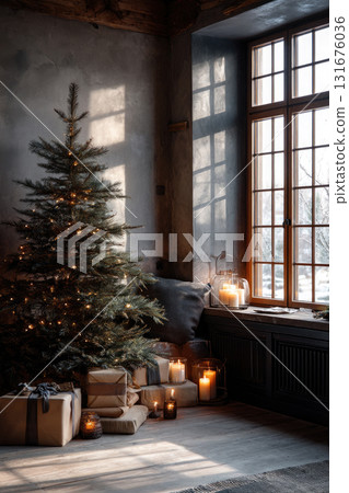 Cozy-style Christmas decoration with a Christmas tree Cozy-style Christmas decoration with a Christmas tree 131676036