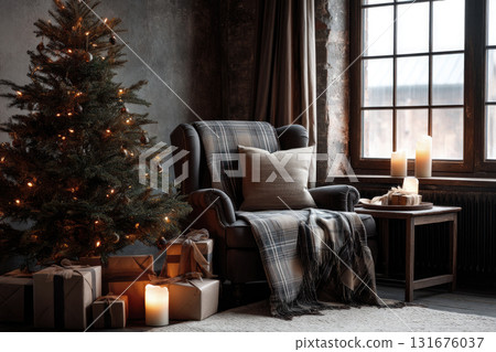 Cozy-style Christmas decoration with a Christmas tree Cozy-style Christmas decoration with a Christmas tree 131676037