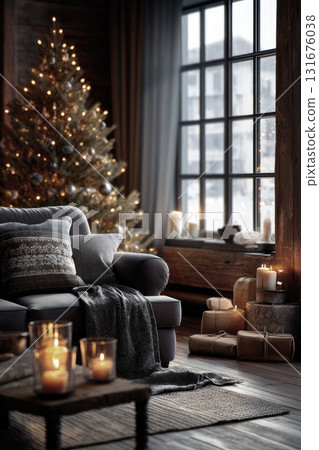 Cozy-style Christmas decoration with a Christmas tree Cozy-style Christmas decoration with a Christmas tree 131676038