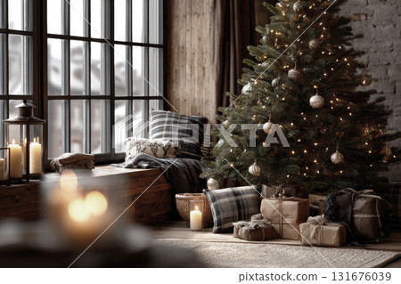 Cozy-style Christmas decoration with a Christmas tree 131676039