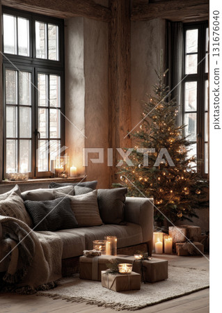 Cozy-style Christmas decoration with a Christmas tree Cozy-style Christmas decoration with a Christmas tree 131676040