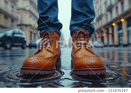 Close Up Of Brown Leather Boots On Wet Street Close Up Of Brown Leather Boots On Wet Street 131676167
