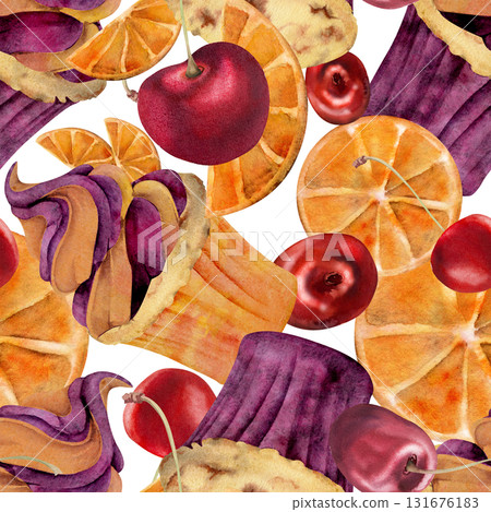 Watercolor cupcake with berry and citrus whipped cream, orange and cherry muffin pastry. Isolated seamless pattern hand painted in watercolor. Kitchen fabric prints, food branding, sticker sheets. Watercolor cupcake with berry and citrus whipped cream, orange and cherry muffin pastry. Isolated seamless pattern hand painted in watercolor. Kitchen fabric prints, food branding, sticker sheets. 131676183