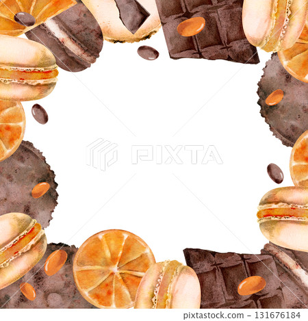 Gourmet macarons with vibrant orange slices, chocolate chips, cocoa bonbons. Watercolor hand painted illustration, isolated wreath. Artisan bakery frame, food label accents, printable dessert tags. 131676184