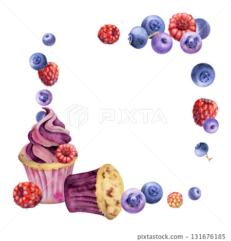 Watercolor cupcake with mixed scattered berries, ripe blueberry raspberry mousse twirl. Hand painted isolated corner illustration. Menu frame art, dessert cooking class, bakery-themed invitations. 131676185