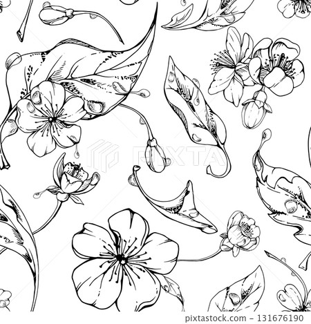Cherry sakura apple white flower and bud with plant leaves on branches, hand drawn vector ink, wildflower botanical illustration. Seamless isolated pattern, for scrapbooking, wedding, florist shop. 131676190