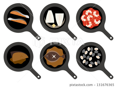 Set illustrations of various seafood cooked in a frying pan Set illustrations of various seafood cooked in a frying pan 131676365