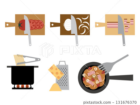 Set illustration of the process of making tomato and bacon pasta 131676370