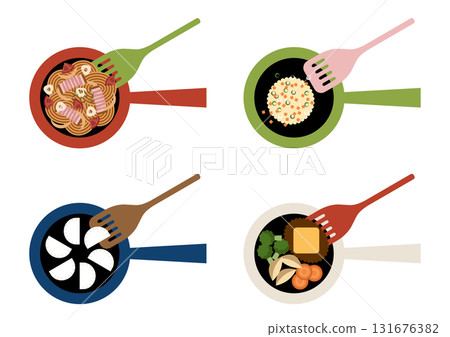 Set illustration of frying pan cooking Set illustration of frying pan cooking 131676382