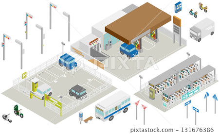 日本交通基礎設施等距車輛及街道集 131676386