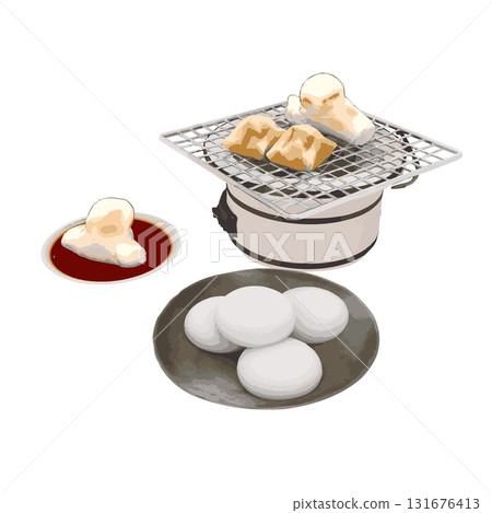 Grilled rice cakes eaten on a charcoal grill during the winter New Year holidays Grilled rice cakes eaten on a charcoal grill during the winter New Year holidays 131676413