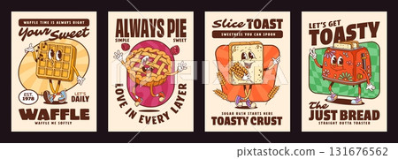 Groovy pastry and bakery characters posters. Vintage cartoon cards featuring cheerful food personages like waffle, pie, toast and toaster with expressive faces, evoke a playful, nostalgic bakery vibe Groovy pastry and bakery characters posters. Vintage cartoon cards featuring cheerful food personages like waffle, pie, toast and toaster with expressive faces, evoke a playful, nostalgic bakery vibe 131676562