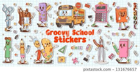 Cartoon groovy school education characters stickers pack. Cute school supplies and stationeries vector personages. Retro groovy hippie book, pencil and ruler, calculator, bag, paint and bus characters 131676657