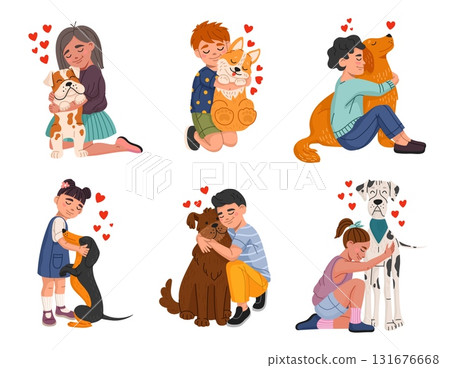 Kid hugs a dog, children petting and playing with pets. Vector heartwarming set featuring boys and girls lovingly hugging and playing with puppies, surrounded by hearts, symbolizing strong bonds 131676668