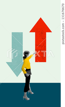 Creative artwork. Woman pointing upward red arrow symbolizing positive direction and growth Creative artwork. Woman pointing upward red arrow symbolizing positive direction and growth 131676670