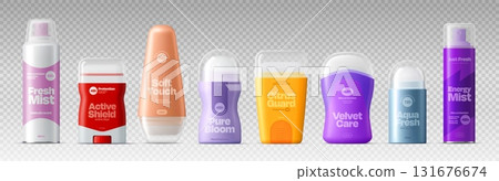 Realistic 3d deodorant package mockup. Vector set of antiperspirants and body spray packaging in vibrant colors. Sticks and roll ons, labeled for freshness, daily protection, and sensitive skin care 131676674