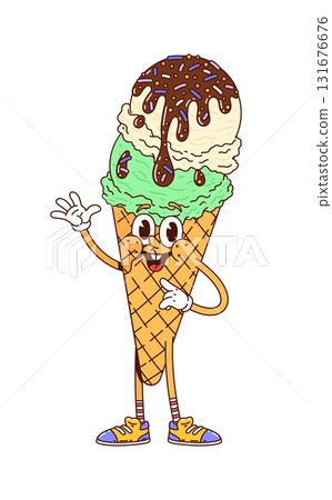 Cartoon groovy ice cream character of gelato scoops in wafer cone, vector personage. Groovy ice cream sweet dessert with silly face and happy smile with Hi gesture as retro or Y2K groovy character Cartoon groovy ice cream character of gelato scoops in wafer cone, vector personage. Groovy ice cream sweet dessert with silly face and happy smile with Hi gesture as retro or Y2K groovy character 131676676