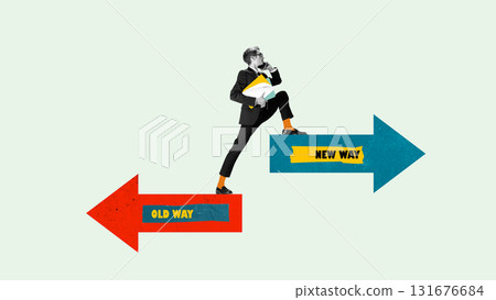 Pop art collage. Businessman stepping from old way to new way symbolizing transformation Pop art collage. Businessman stepping from old way to new way symbolizing transformation 131676684