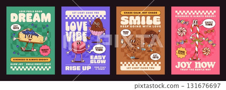 Funny sweets and bakery dessert groovy characters posters with motivational quotes. Playful retro y2k typography and dancing pie, cupcakes, cookies, and candy cane food personages radiate positivity 131676697