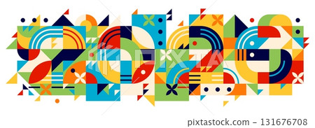 2026 Christmas and new year banner. Vector colorful geometric background made of vibrant abstract shapes, lines and patterns. Bold, playful modern calendar or greeting card in retro contemporary style 131676708