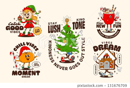 Christmas groovy characters retro stickers and t shirt prints. Vector cartoon funny elf, Xmas tree, gingerbread house, orange and hot drink with candy cane. Festive vector patches with positive quotes Christmas groovy characters retro stickers and t shirt prints. Vector cartoon funny elf, Xmas tree, gingerbread house, orange and hot drink with candy cane. Festive vector patches with positive quotes 131676709