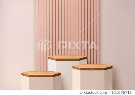 3d beige podium cosmetics stage pedestals with wooden plates and vertical panel background. Elegant neutral studio for cosmetic, fashion or product display with soft tones evoke calmness and luxury 3d beige podium cosmetics stage pedestals with wooden plates and vertical panel background. Elegant neutral studio for cosmetic, fashion or product display with soft tones evoke calmness and luxury 131676711