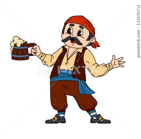 Cartoon funny groovy pirate corsair character with mug of beer. Vector sailor, seaman, seafarer or rover holding wood tankard with drunk grin, embodying a seafaring spirit of adventure and revelry 131676712