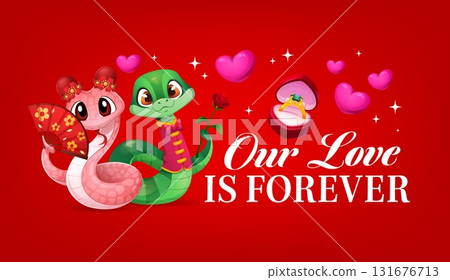 Our love is forever happy valentine s day quote greeting card. Saint Valentine holiday vector banner, romantic celebration quote poster with snakes asian characters, engagement ring and typography Our love is forever happy valentine s day quote greeting card. Saint Valentine holiday vector banner, romantic celebration quote poster with snakes asian characters, engagement ring and typography 131676713