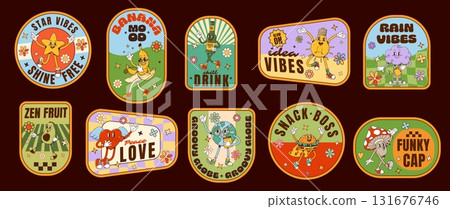 Groovy label stickers, hippie retro patches set. Cartoon vector badges featuring playful star, banana, bottle, lightbulb, cloud, avocado, heart, globe, burger, and mushroom, each with text slogans Groovy label stickers, hippie retro patches set. Cartoon vector badges featuring playful star, banana, bottle, lightbulb, cloud, avocado, heart, globe, burger, and mushroom, each with text slogans 131676746